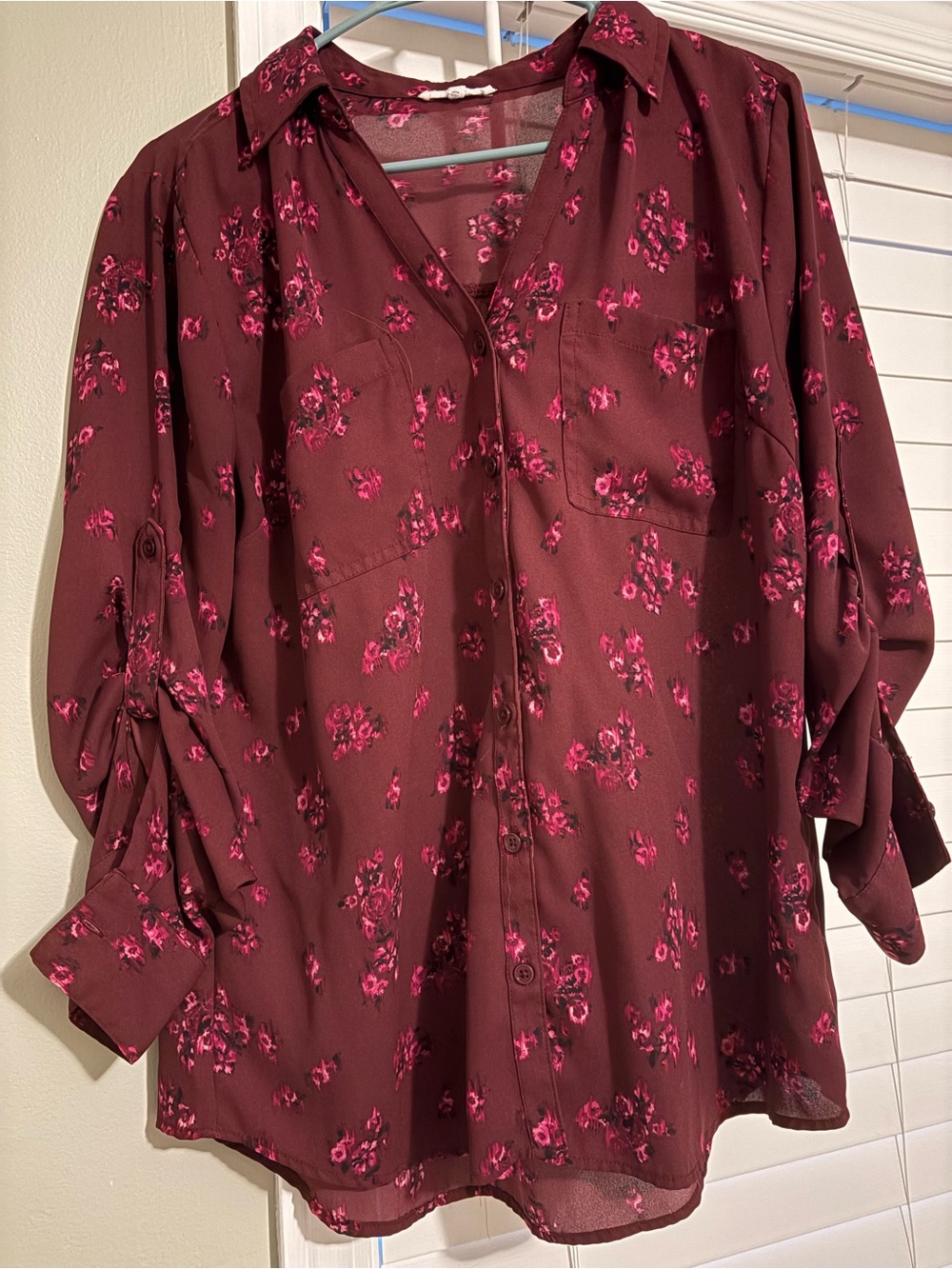 Maurices Burgundy Button-Up Blouse with Pink Floral Print
